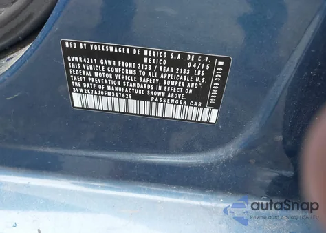 2015 Volkswagen Jetta 2.0L S z USA, uszkodzony, nr VIN 3VW2K7AJ0FM347625